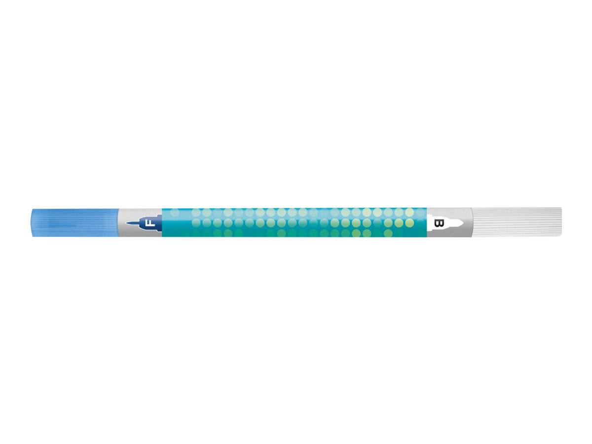 Ein blau und grau gestreifter stiftförmiger Stylus mit strukturiertem türkisfarbenem Griff, horizontal auf weißem Hintergrund dargestellt.