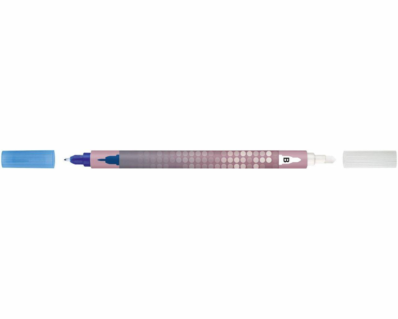 Zerlegter blauer und rosa Stift, mit Kappe auf der linken Seite und weißer Endkappe auf der rechten Seite.