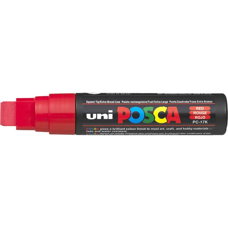 Roter Uni POSCA-Lackmarker mit breiter Meißelspitze auf weißem Hintergrund.