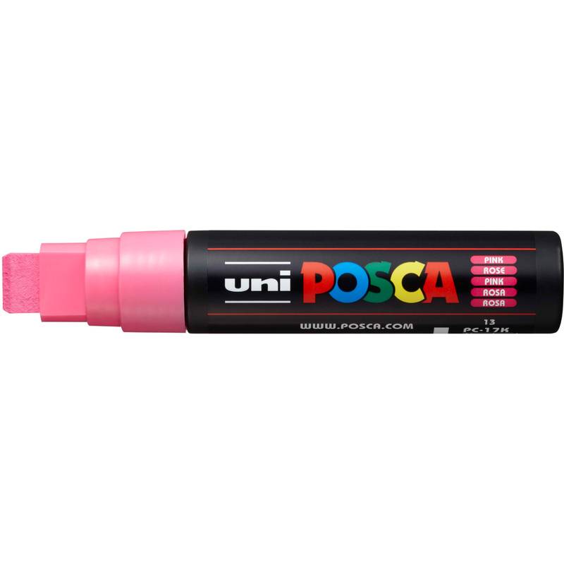 Rosa Uni POSCA Farbmarkerstift mit Keilspitze, horizontal auf weißem Hintergrund dargestellt.