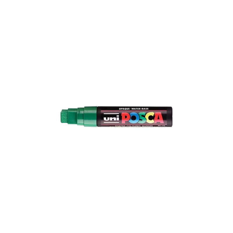 Grüner Uni Posca Lackmarkerstift auf weißem Hintergrund, horizontal dargestellt mit der Kappe auf der linken Seite.