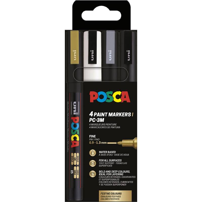 Packung mit POSCA 4 Lackmarkern, fein 0,9-1,3 mm, wasserlöslich und für alle Oberflächen geeignet, gezeigt in schwarzer Verpackung mit vier Markerfarben.
