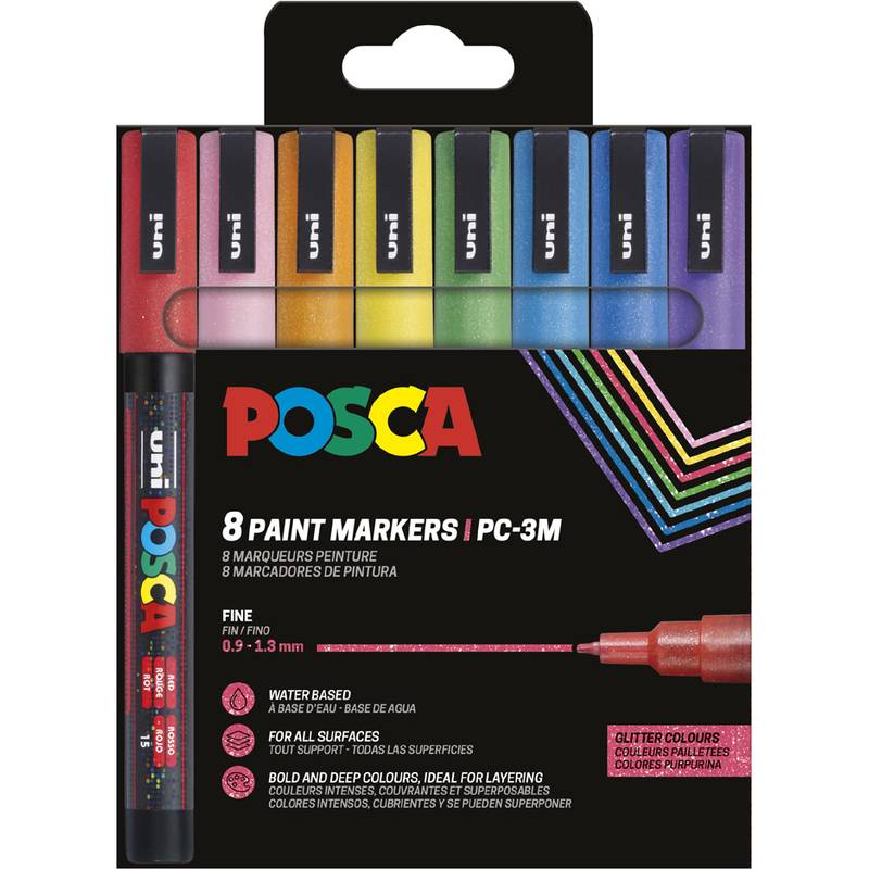 POSCA 8 Farbmarkerset, PC-3M Feintipp 0,9-1,3 mm, in einer Anzeigepackung mit verschiedenen Farben dargestellt.