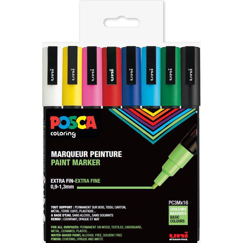 POSCA Malstift-Set mit 8 extra-feinen Markern in verschiedenen Farben, gezeigt auf Einzelhandelsverpackung.