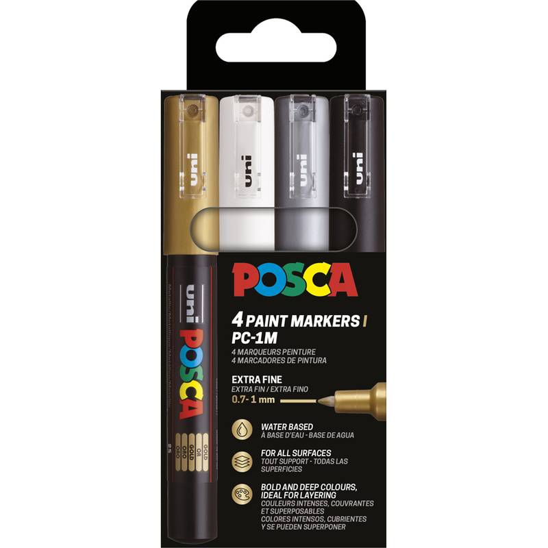 Packung mit Uni POSCA Lackmarkern, zeigt 4 extra-feine PC-1M Marker in Gold, Weiß, Silber und schwarzer Verpackung.