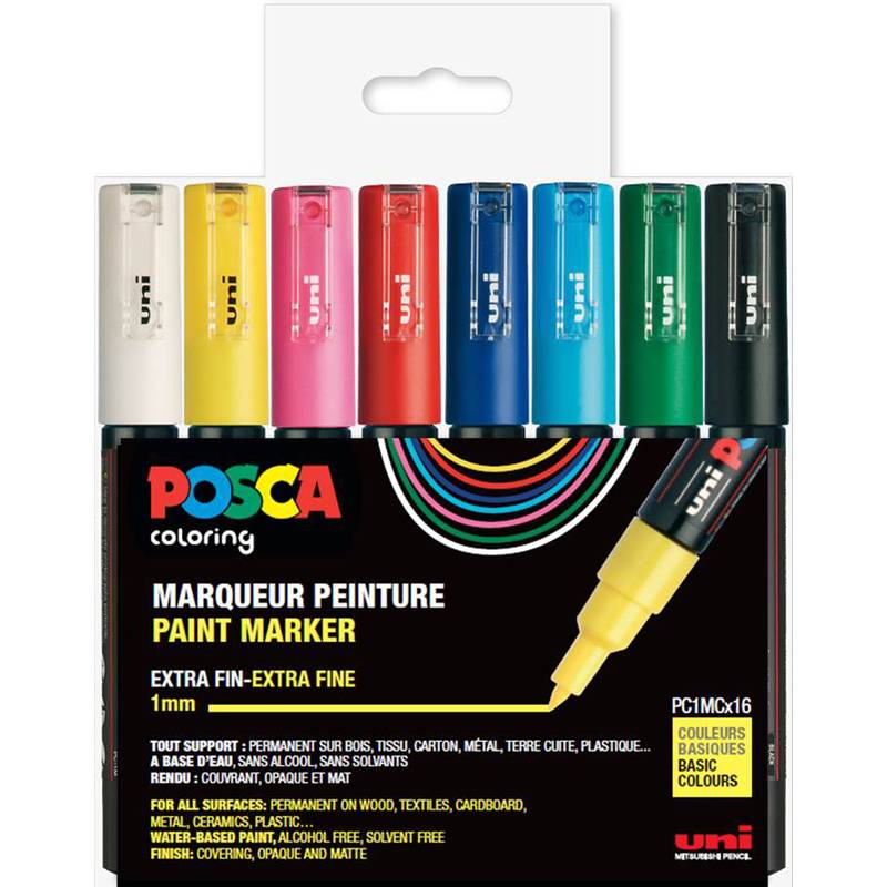 Verpackung für einen POSCA-Farbmarkerset mit acht extra-feinen 1-mm-Markern in verschiedenen Farben auf einer Einzelhandelskarte zum Aufhängen.