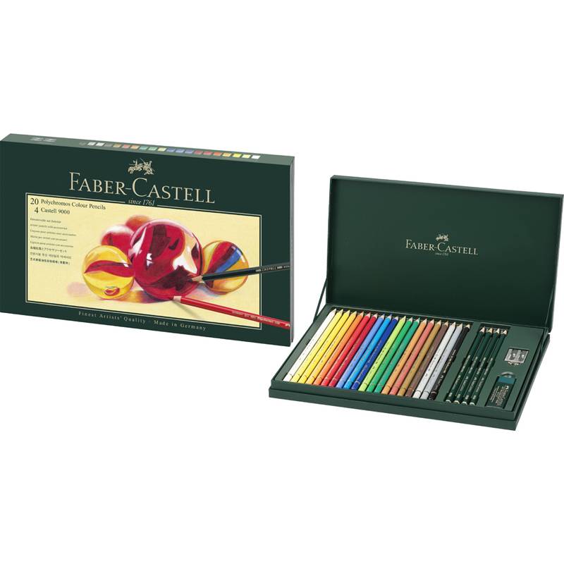 Faber-Castell 20 Polychromos Farbstifte; geöffnete Schachtel zeigt kunstvoll angeordnete Farbstifte in verschiedenen lebhaften Farbtönen.