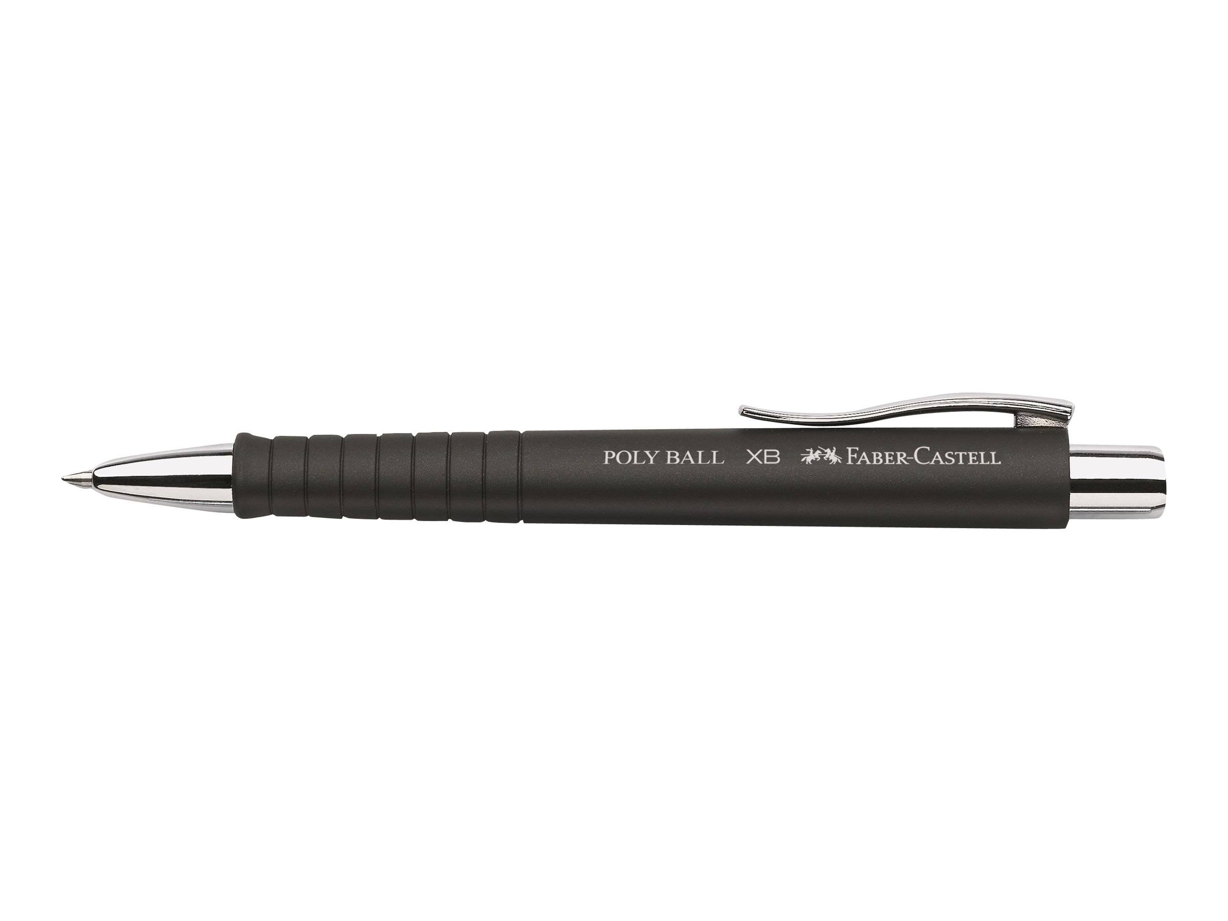 Schwarzer Faber-Castell Poly Ball XB Kugelschreiber mit silbernem Clip und Chromelementen auf weißem Hintergrund