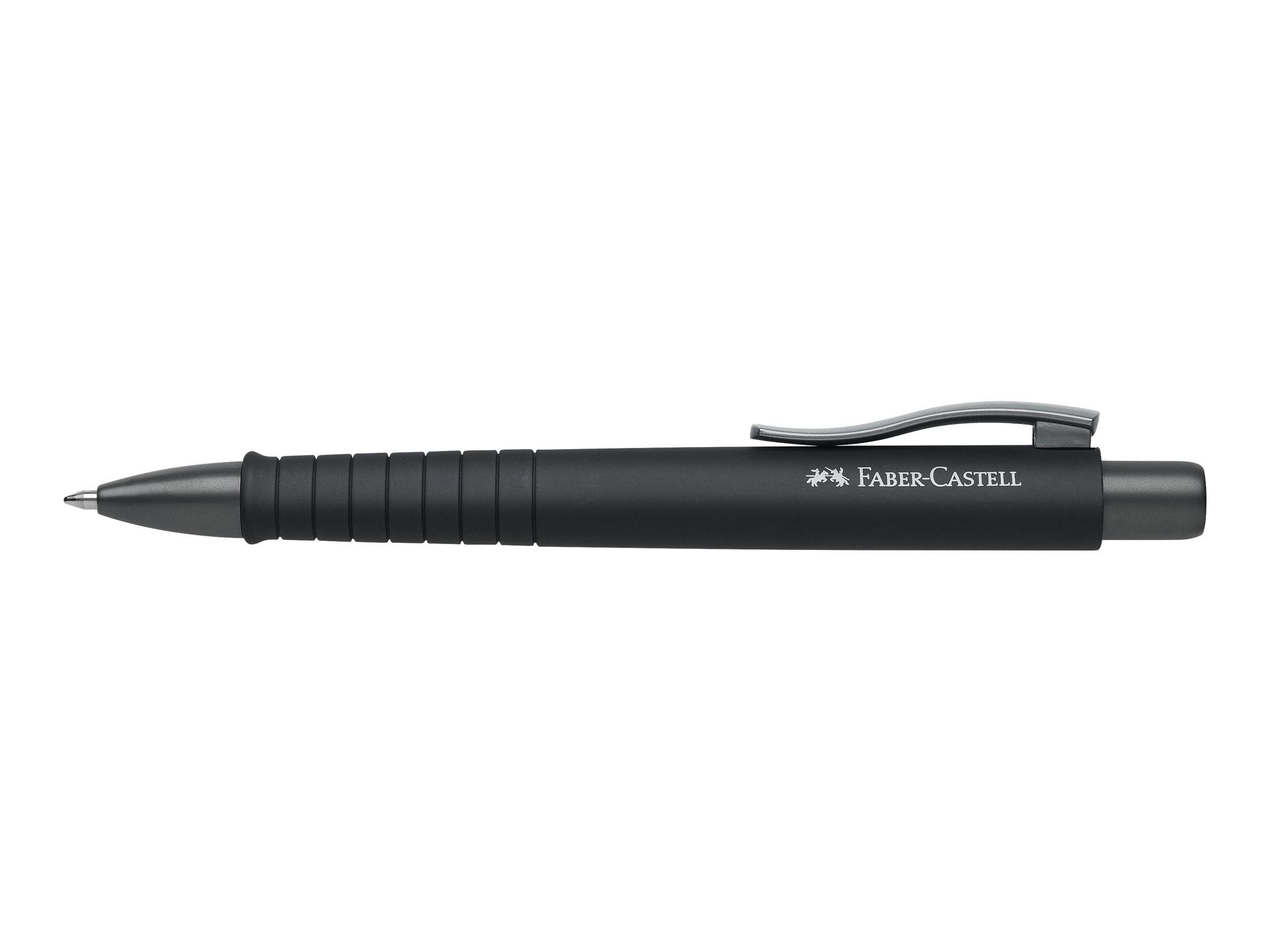 Schwarzer Faber-Castell-Stift mit silbernem Clip, horizontal auf weißem Hintergrund dargestellt.
