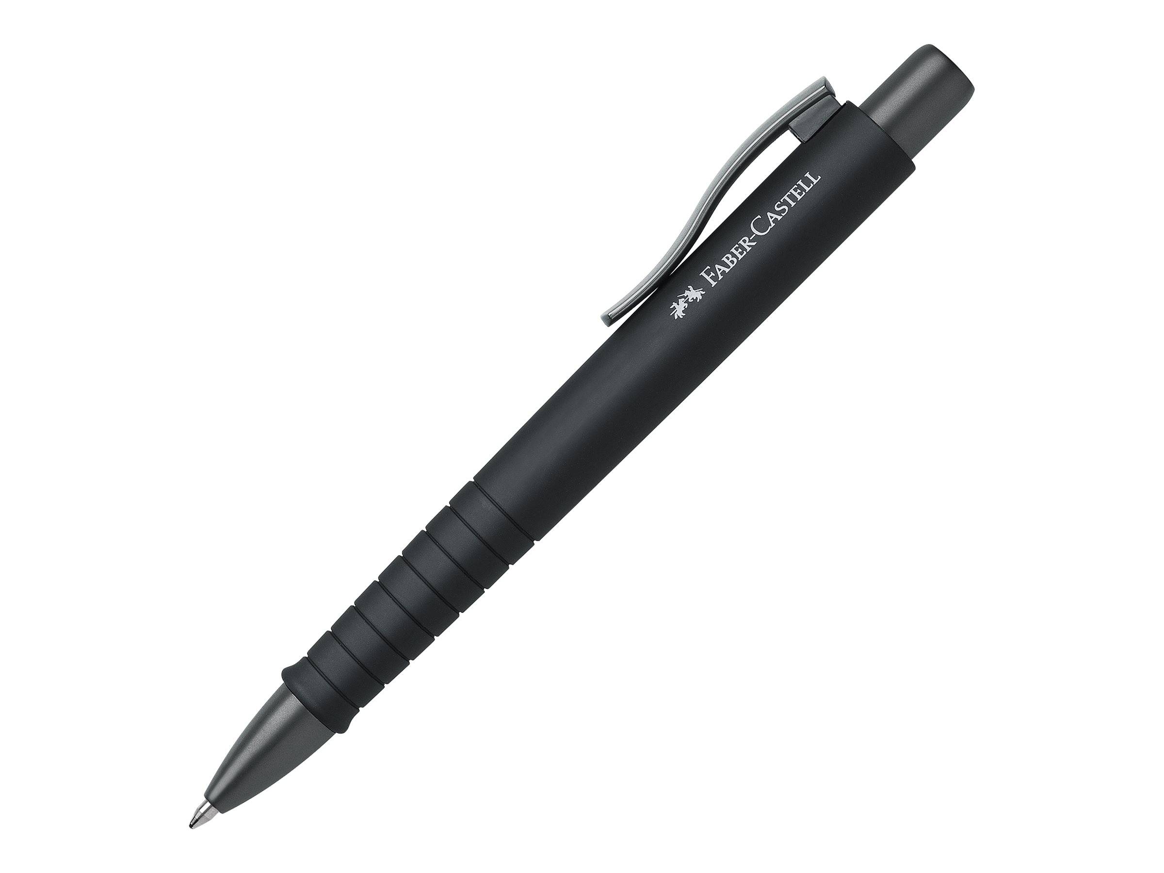 Schwarzer Faber-Castell Kugelschreiber mit Druckknopf, silberner Clip und strukturiertem Griff auf weißem Hintergrund.