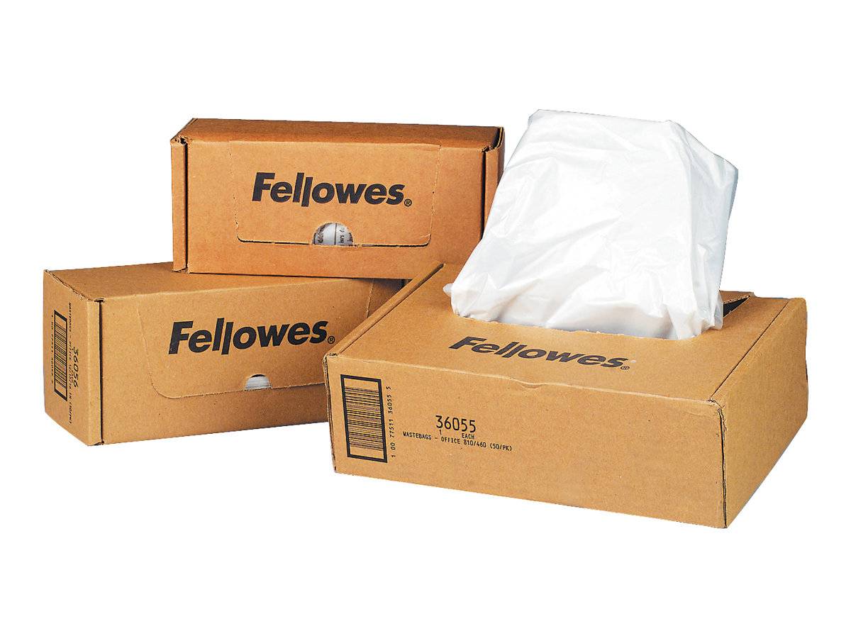Drei gestapelte Fellowes-Kartonverpackungsboxen, eine offen mit einer weißen Kunststofftasche oben drauf, auf weißem Hintergrund gezeigt.