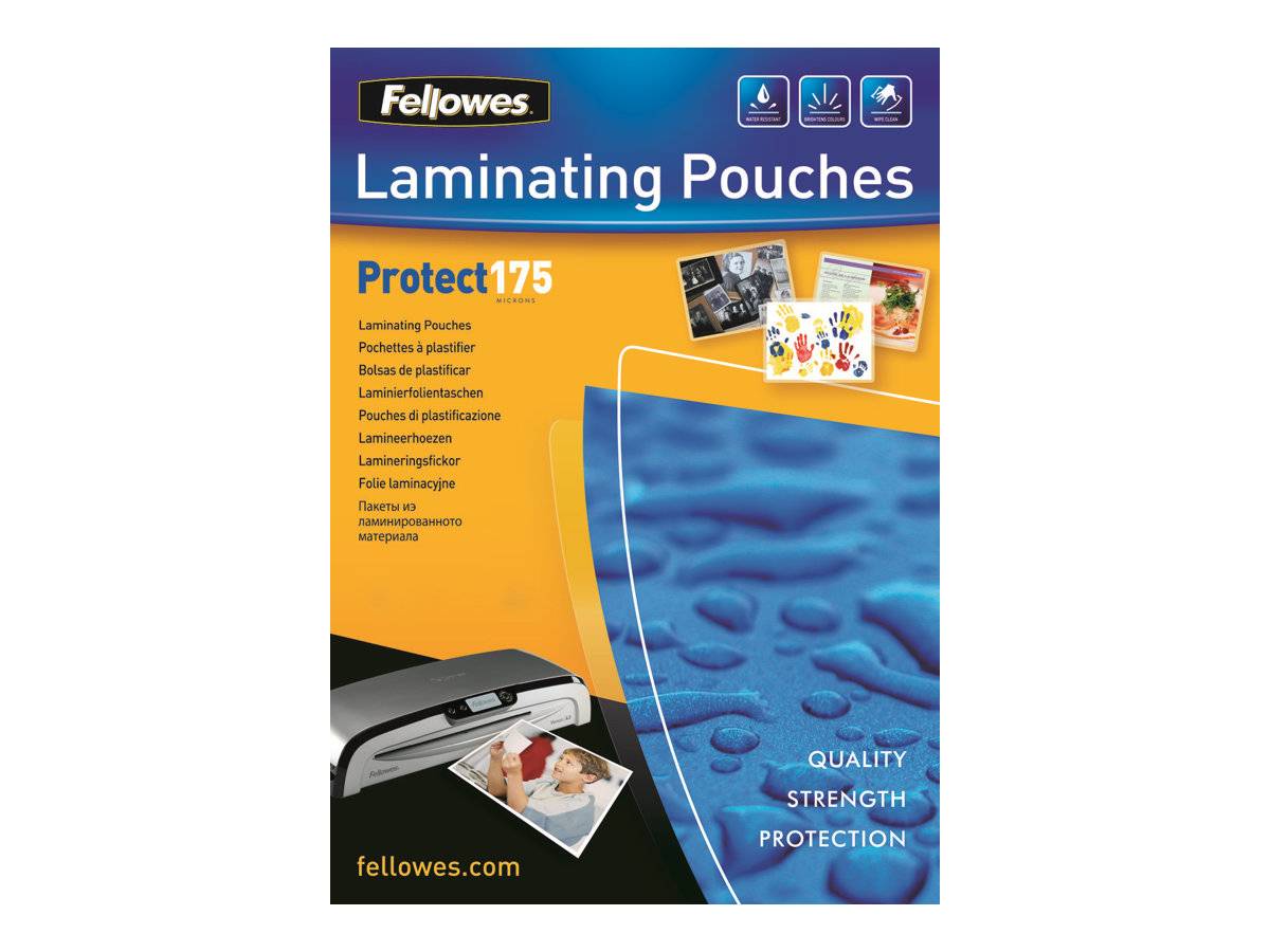 Fellowes 'Laminierfolien' Produktpaket für Protect 175, zeigt Folienproben, ein Laminiergerät und die Worte 'Qualität Stärke Schutz'.