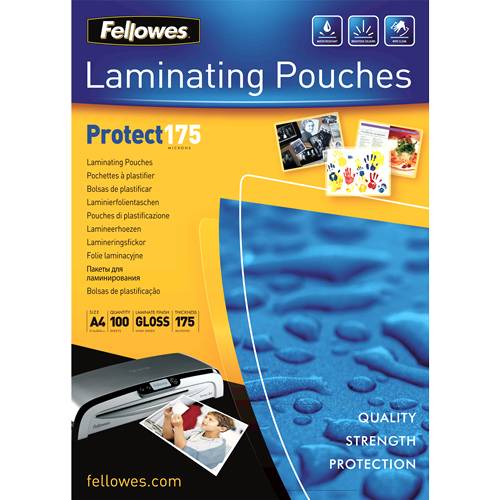 Fellowes Protect175 Laminierfolienpaket, das glänzende A4-Folien für Qualität, Festigkeit und Schutz zeigt.