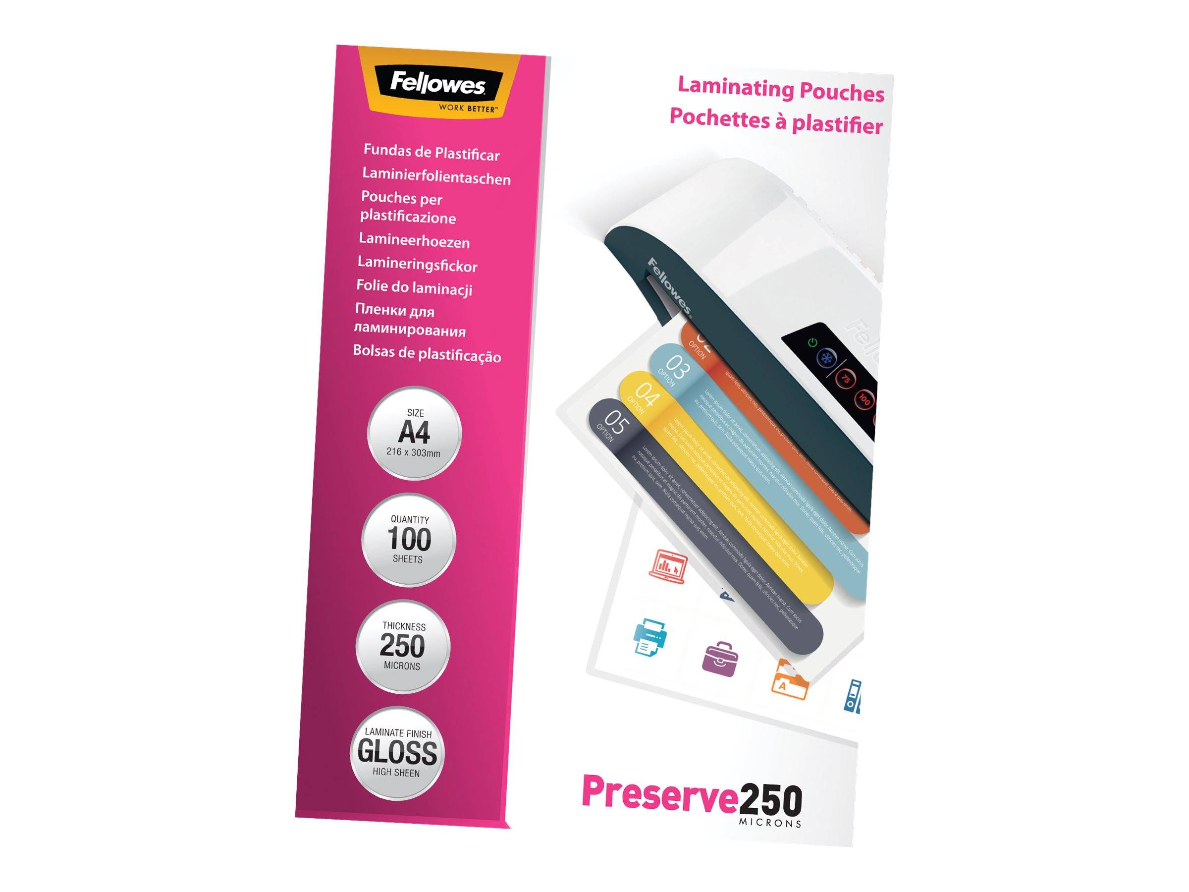 Fellowes Laminating Pouches Preserve 250 Micron - 250 Mikrometer - 100er-Pack - glänzend - durchsichtig - A4 (210 x 297