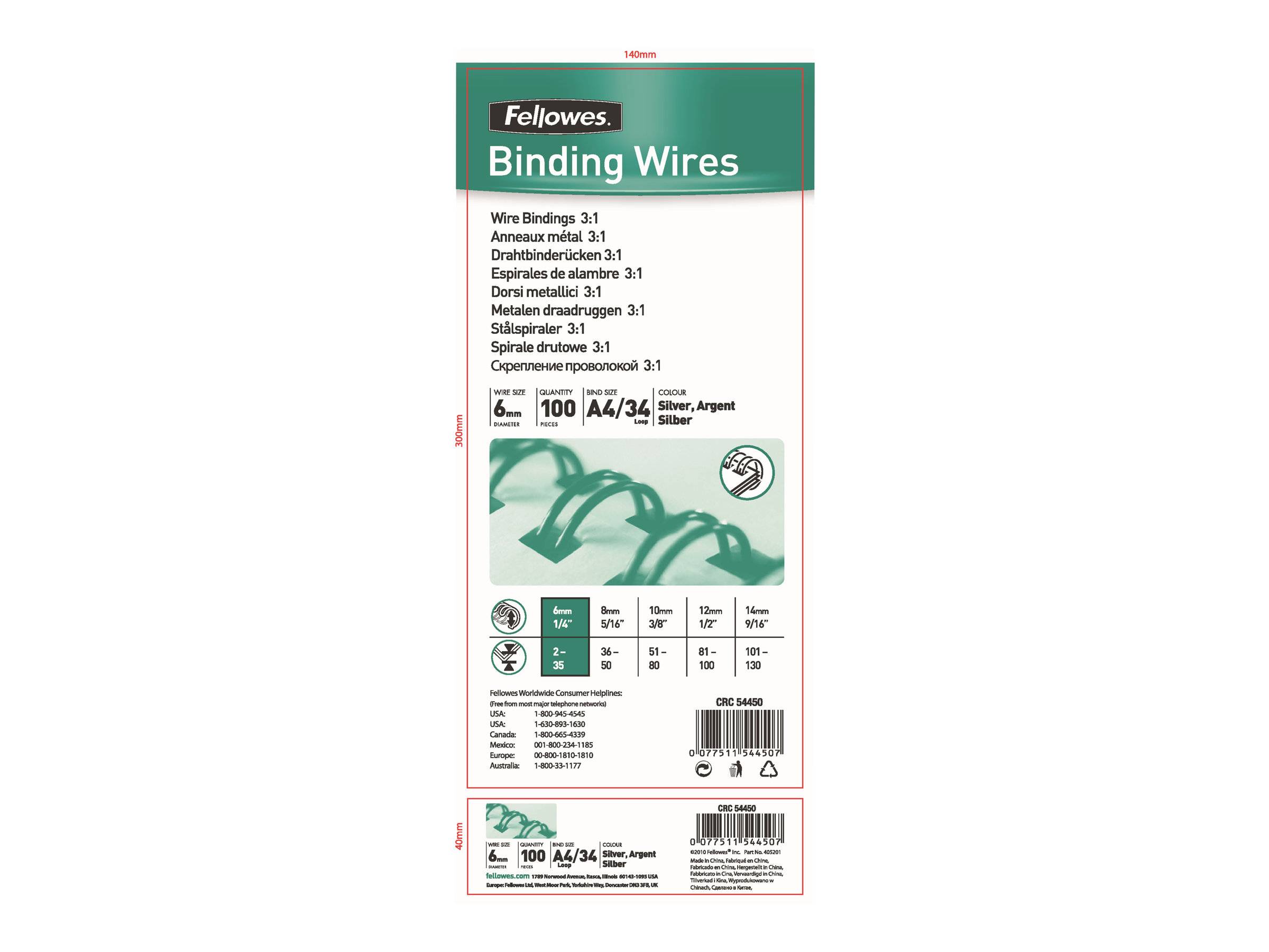 Fellowes Bindedraht-Paket für 6 mm, 100er-Pack, A4/34-Blatt-Bindedraht, silber; Produkt-Etiketten auf der Vorder- und Rückseite gezeigt.