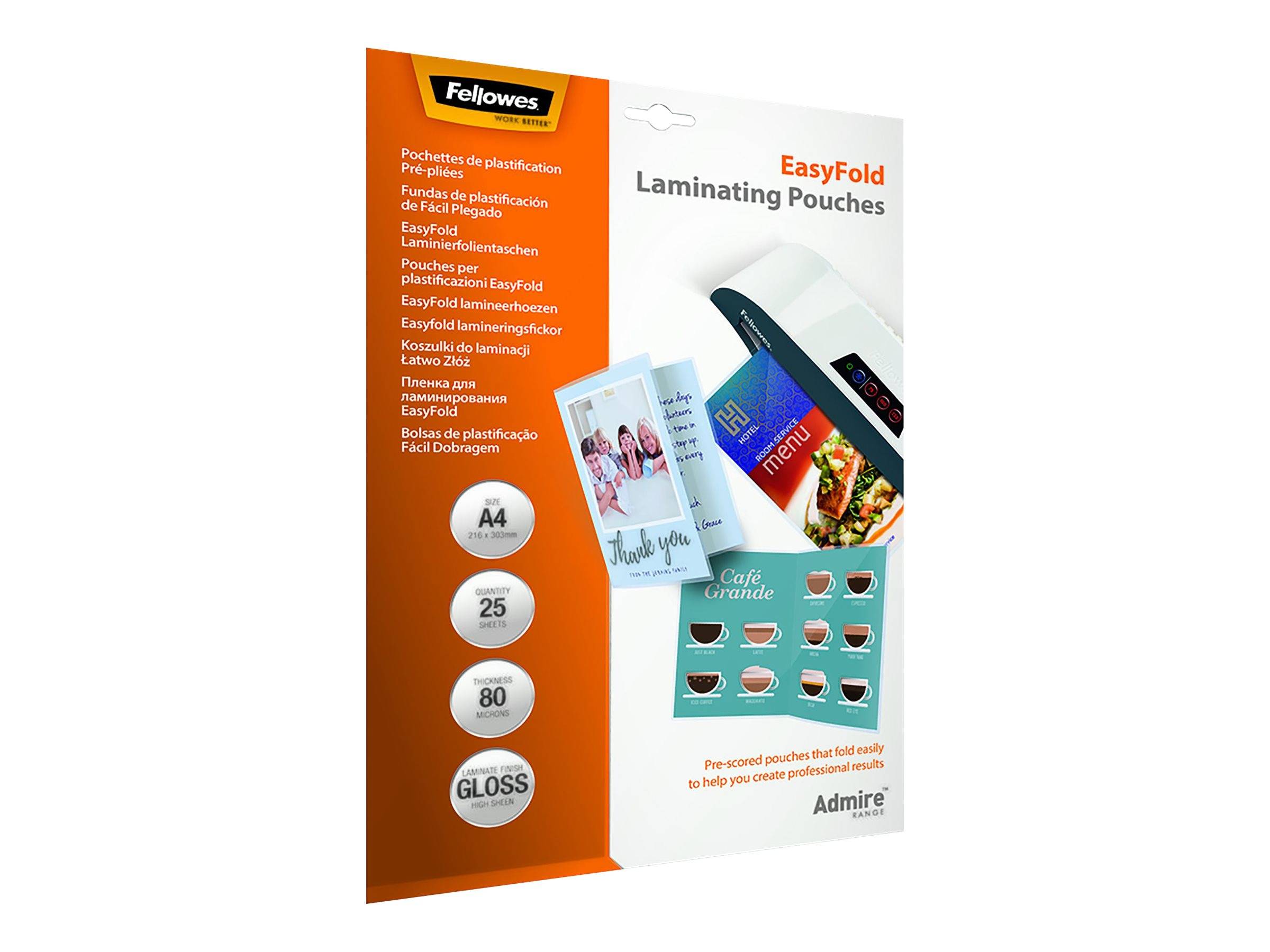 Produktverpackung für Fellowes EasyFold Laminierfolien, zeigt A4-Größe, 25 Blatt, 80 Mikron Hochglanzfinish.