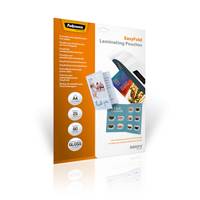 Paket Fellowes 'Pro-Style Laminierfolien' mit orange-weißem Design, zeigt Beispiele für laminierte Karten und Dokumente.