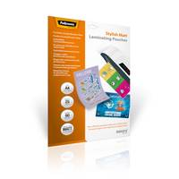 Packung Fellowes Stylish Matt Laminierfolien mit orange-weißem Design und Beispielen laminierter Karten auf der Vorderseite.
