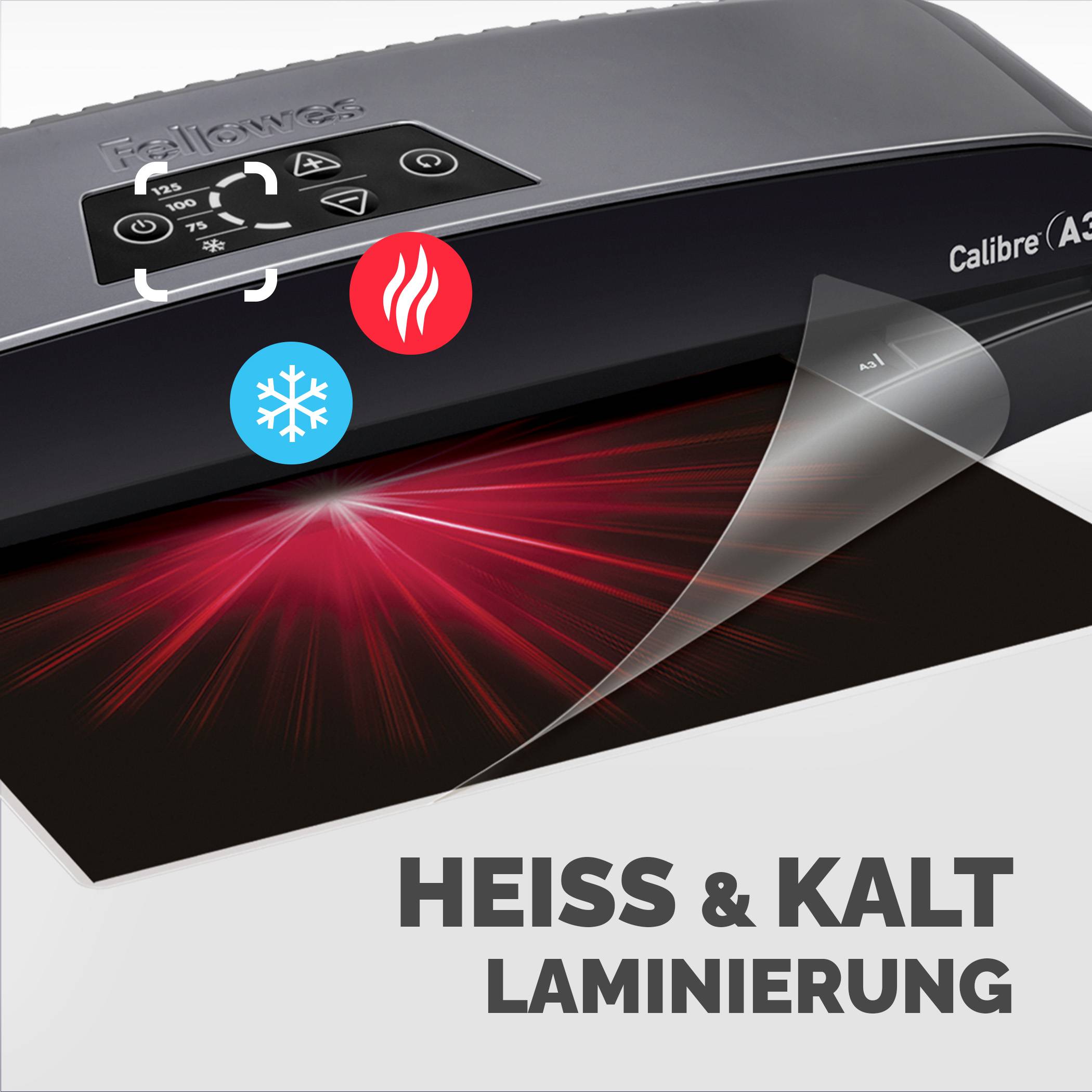 Laminiermaschine mit Heiss- und Kaltlaminierung, mit roten Wärmesymbolen und blauen Schneeflocken-Symbolen und dem deutschen Text „HEISS & KALT LAMINIERUNG
