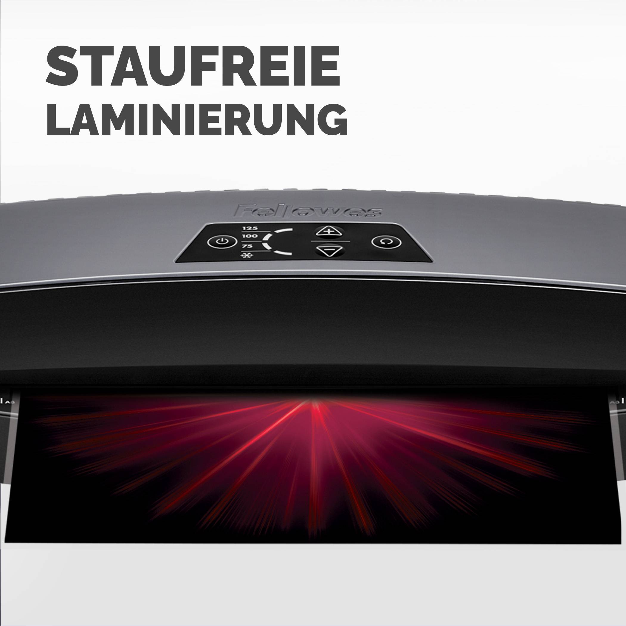 Schwarze Laminiermaschine mit Bedienfeld und roter Lichteffekt; deutscher Text liest „STAUFREIE LAMINIERUNG