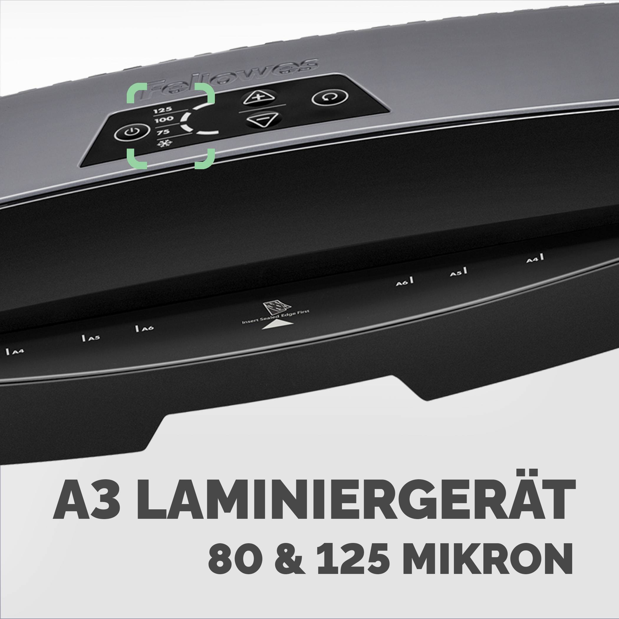 Produktfoto eines schwarzen A3-Laminiergeräts mit Bedienfeld; der Text lautet „A3 Laminiergerät 80 & 125 Mikron