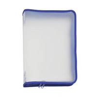 Transparente Dokumententasche mit Reißverschluss und blauem Rand auf weißem Hintergrund.