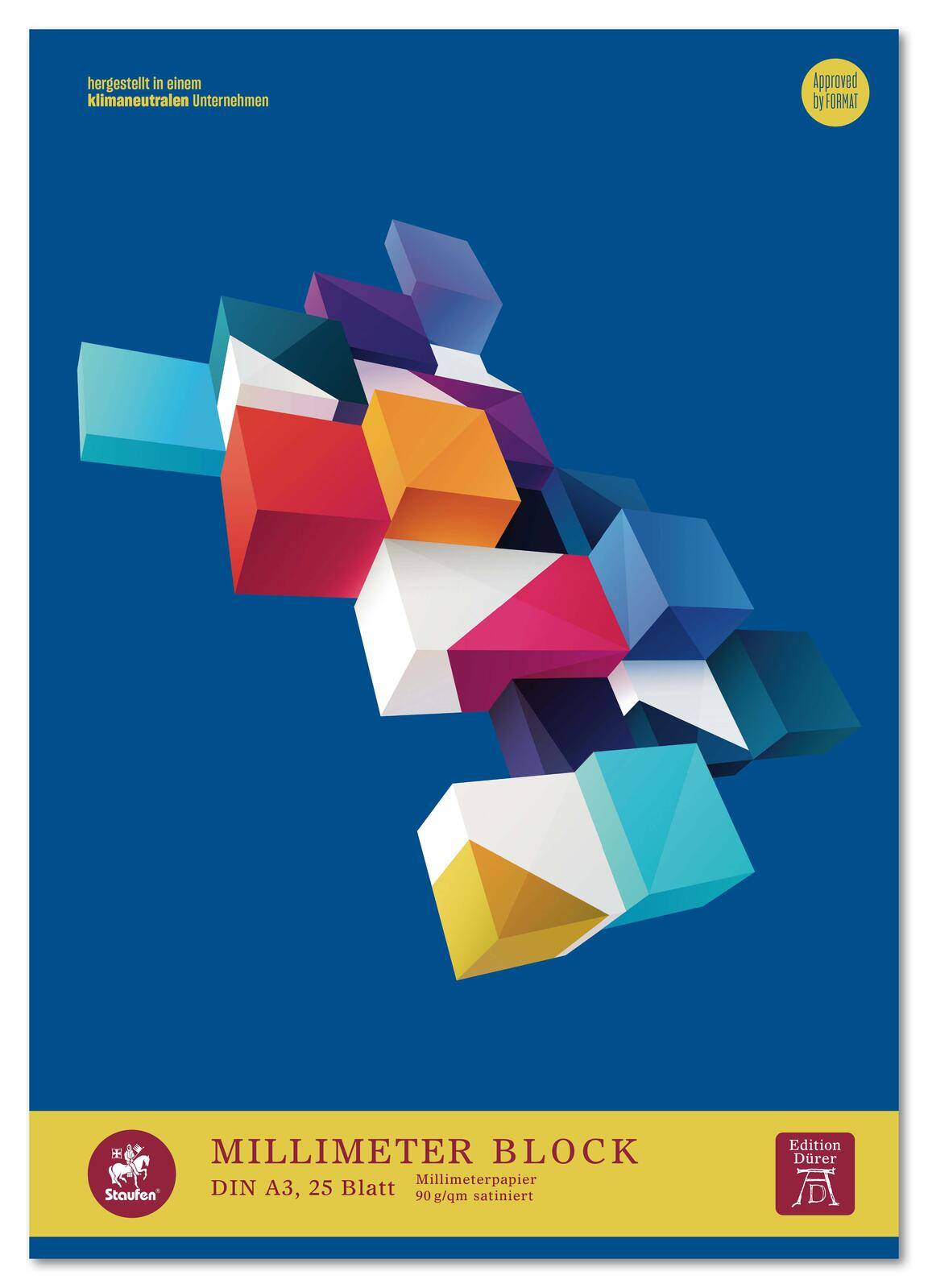 Bunte 3D-Geometrische Formen clustern sich über einem blauen Hintergrund und erzeugen einen dynamischen und abstrakten visuellen Effekt.