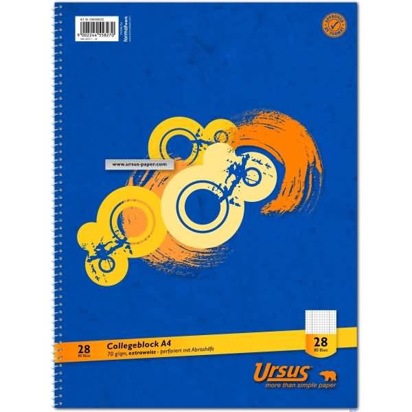 Blaues Ursus A4 Collegeblock mit Spiralbindung, gelb-orange abstraktem Kreisdesign und „28 Blatt