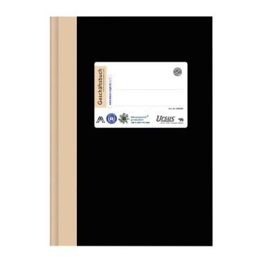 Schwarzer Notizbucheinband mit einem beigefarbenen Rücken und einem kleinen Etikett mit der Aufschrift „Geschäftsbuch