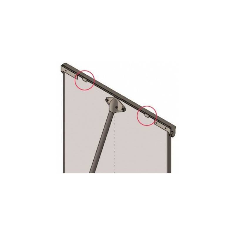 3D-Rendering eines dreieckigen Glaspanels, das von einer Metallstange gestützt wird, mit zwei rot umkreisten Klammern am oberen Rand.