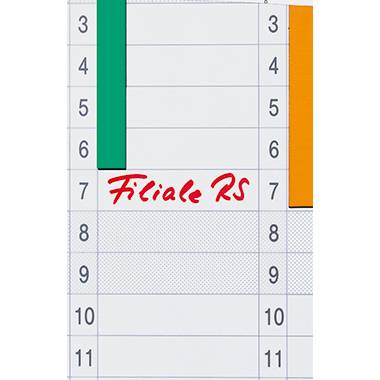Nahaufnahme eines Planers oder Kalendergitters mit den Stunden 3 bis 11, mit rot handgeschriebenem Text „Filiade RS