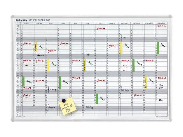 An der Wand montiertes Jahreskalender-Planungsgitter mit Monaten und handschriftlichen Notizen, farblich markierten Hervorhebungen und einer gelben Haftnotiz am unteren Ende.