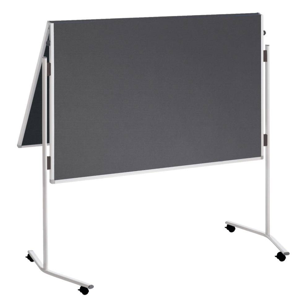 Tragbares Raumteilersystem aus grauem Stoff auf einem fahrbarem Metallgestell, dargestellt als zusammengefaltetes freistehendendes Sichtschutzpanel.