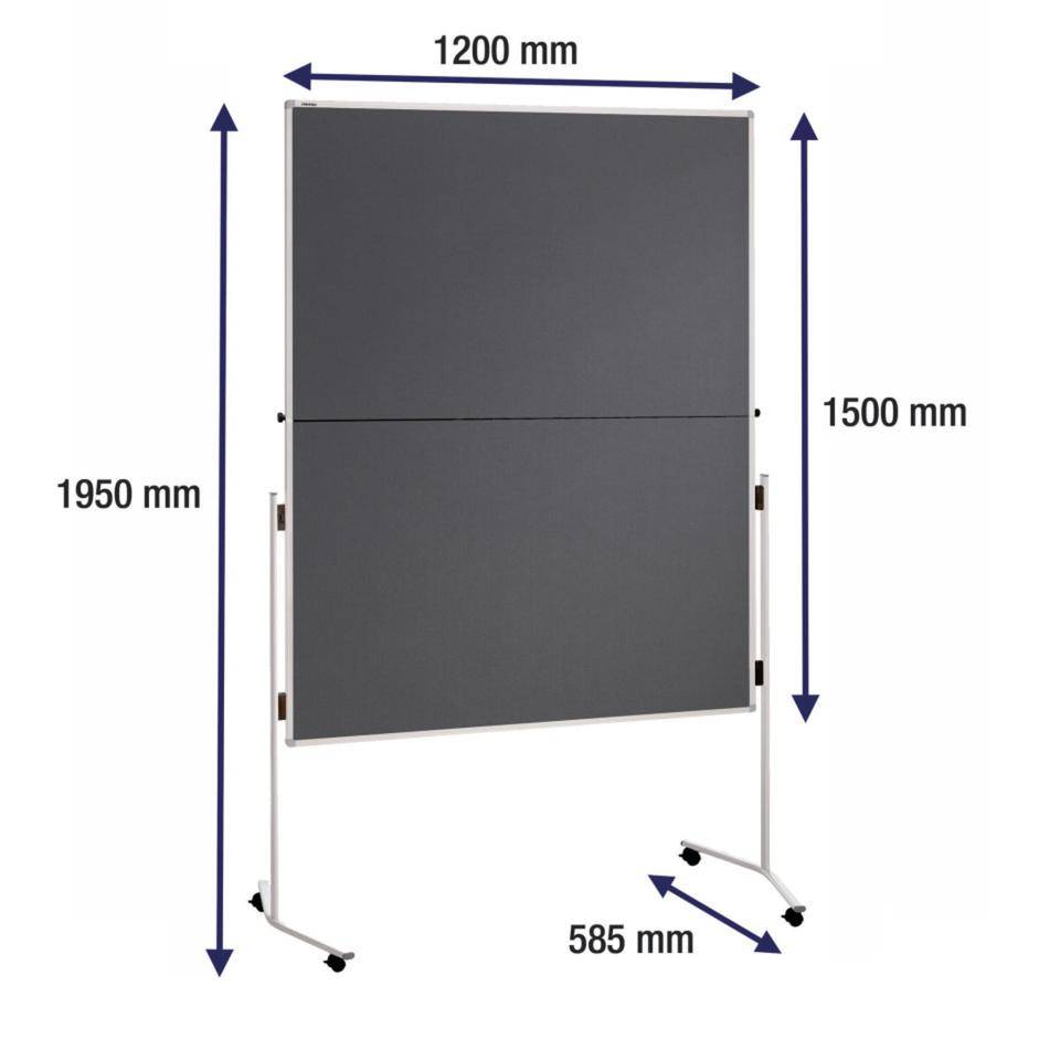 Abmessungen eines freitstehenden Trennwandpaneels: 1200 mm breit, 1950 mm hoch, 1500 mm Panelhöhe und 585 mm Basistiefe.