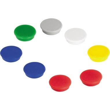 Sieben farbige runde Kunststoffmarken oder Deckel – grün, grau, weiß, gelb, zwei blau und zwei rot – angeordnet auf weißem Hintergrund.
