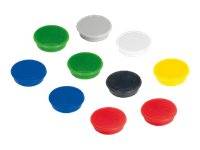 Acht farbige runde Spielmarken, die auf einem weißen Hintergrund verstreut sind: grün, grau, weiß, blau, schwarz, gelb und zwei rote Scheiben.