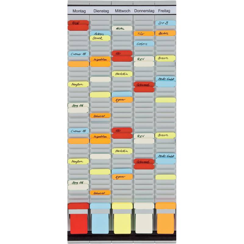 Wochenplan-Tafel mit Spalten für Montag, Dienstag, Mittwoch, Donnerstag und Freitag mit vielen farbcodierten, handschriftlichen Eintragungen für Unterricht oder Aufgaben.