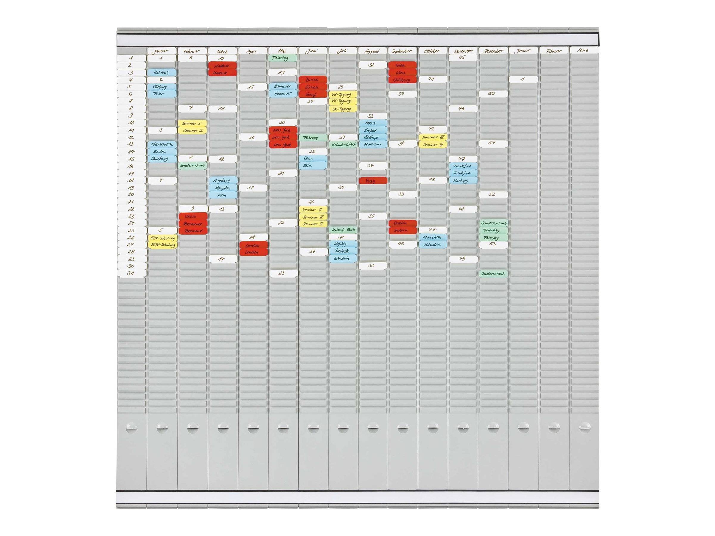 Monatsplan mit vielen farblich gekennzeichneten Terminblöcken in einem Raster angeordnet, der einen vollen Kalender oder Personalplaner zeigt.