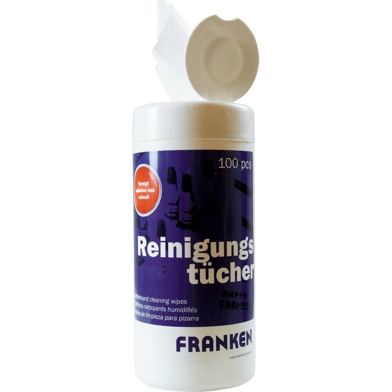 Behälter mit 100 Reinigungstüchern mit Pop-up-Spenderverschluss, gekennzeichnet mit 'Reinigungstücher' und 'FRANKEN'.