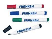 Vier FRANKEN Whiteboard-Marker in Rot, Blau, Grün und Schwarz, abgebildet mit einer schwarzen Kappe, die abgenommen ist.