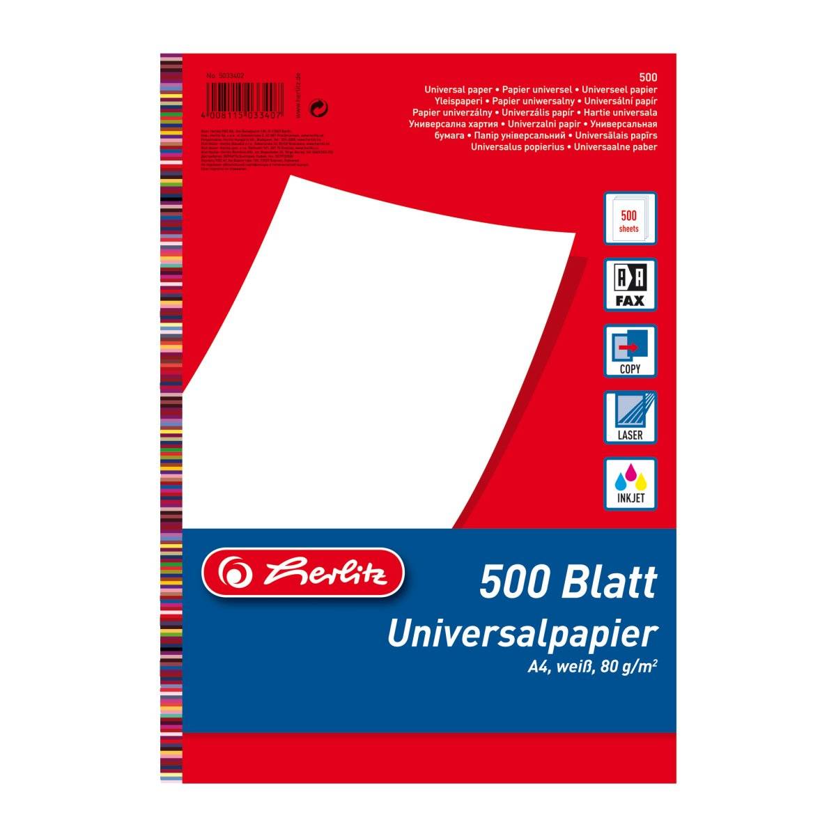 Herlitz 5033402, Universal, A4 (210x297 mm), 500 Blätter, Weiß, 80 g/m²