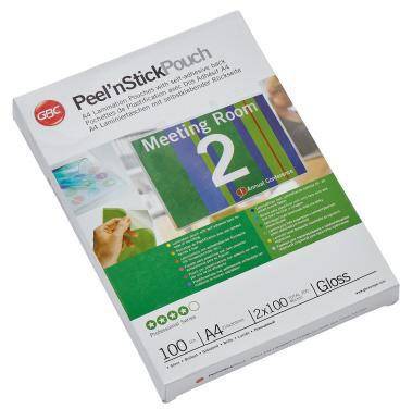 Schachtel GBC Peel'nStick Pouch, A4-Glanzlaminierfolien, abgebildet mit „Meeting Room 2