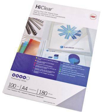 Ein HiClear A4-Präsentationsmappenschutzpaket, das eine Beispieltitelseite, farbige Einlagen und Produktdetails einschließlich 100 Blatt und 180 Mikron Dicke zeigt.