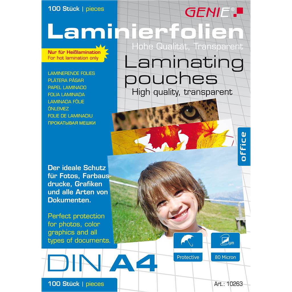 Produktpaket für GENIE Laminierfolien, Größe DIN A4, 100 Stück, 80 Mikron, zum Schutz von Fotos, Grafiken und Dokumenten.