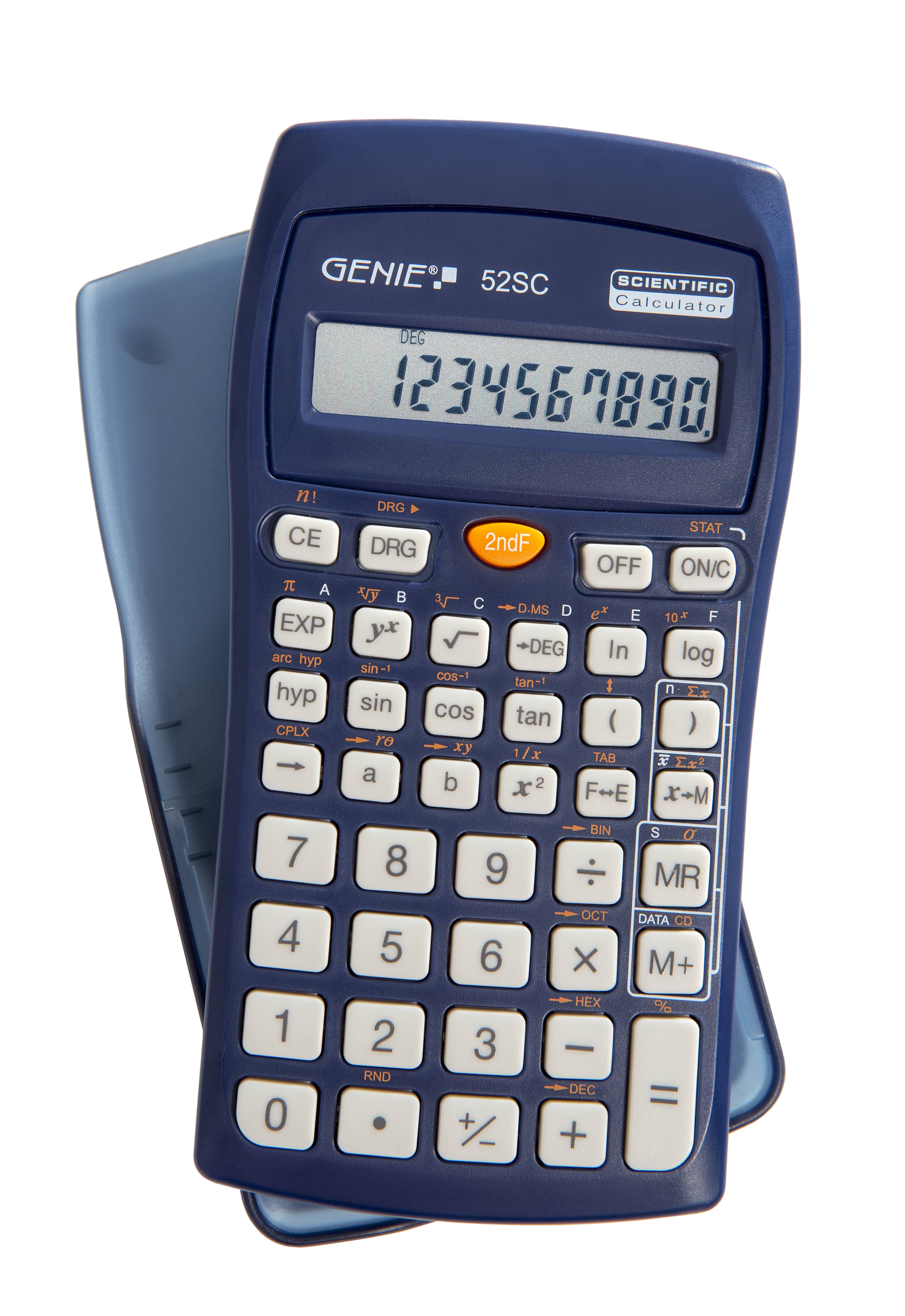 Blauer wissenschaftlicher Taschenrechner mit Display, das 1234567890 anzeigt, mit einem zweiten teilweise sichtbaren Taschenrechner dahinter.