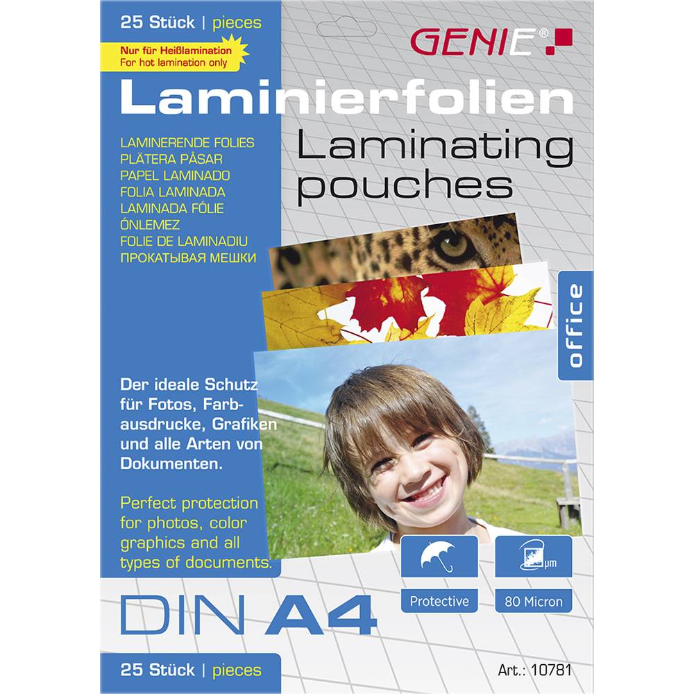 GENIE Büro-Laminierfolien-Paket, DIN A4, 25 Stück, 80 Mikron, mit Schutzfunktion für Fotos, Farbdrucke und Dokumente.