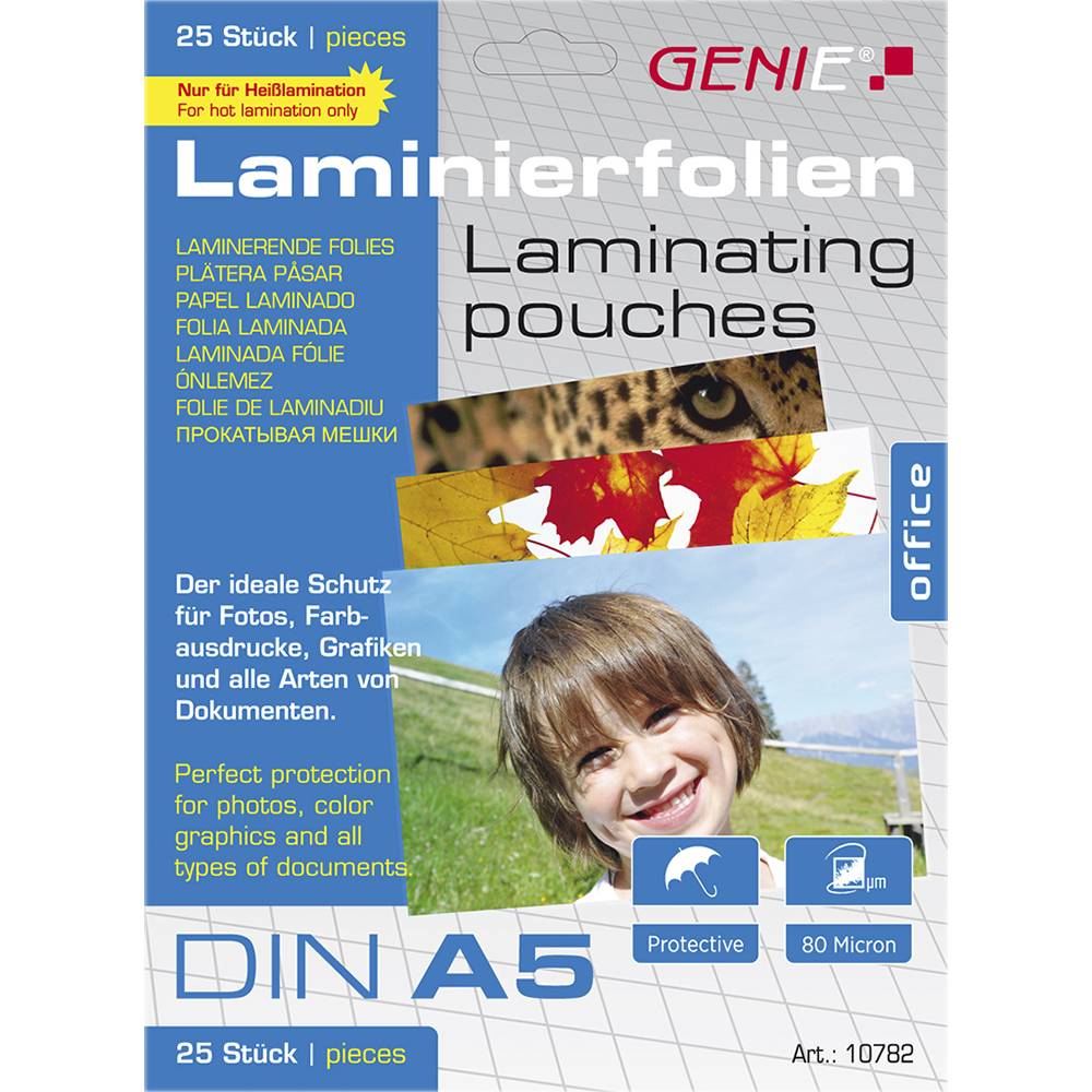 Paket mit 25 GENIE Laminierfolien für DIN A5 Dokumente, 80 Mikron, zum Schutz von Fotos und Farbgrafiken.