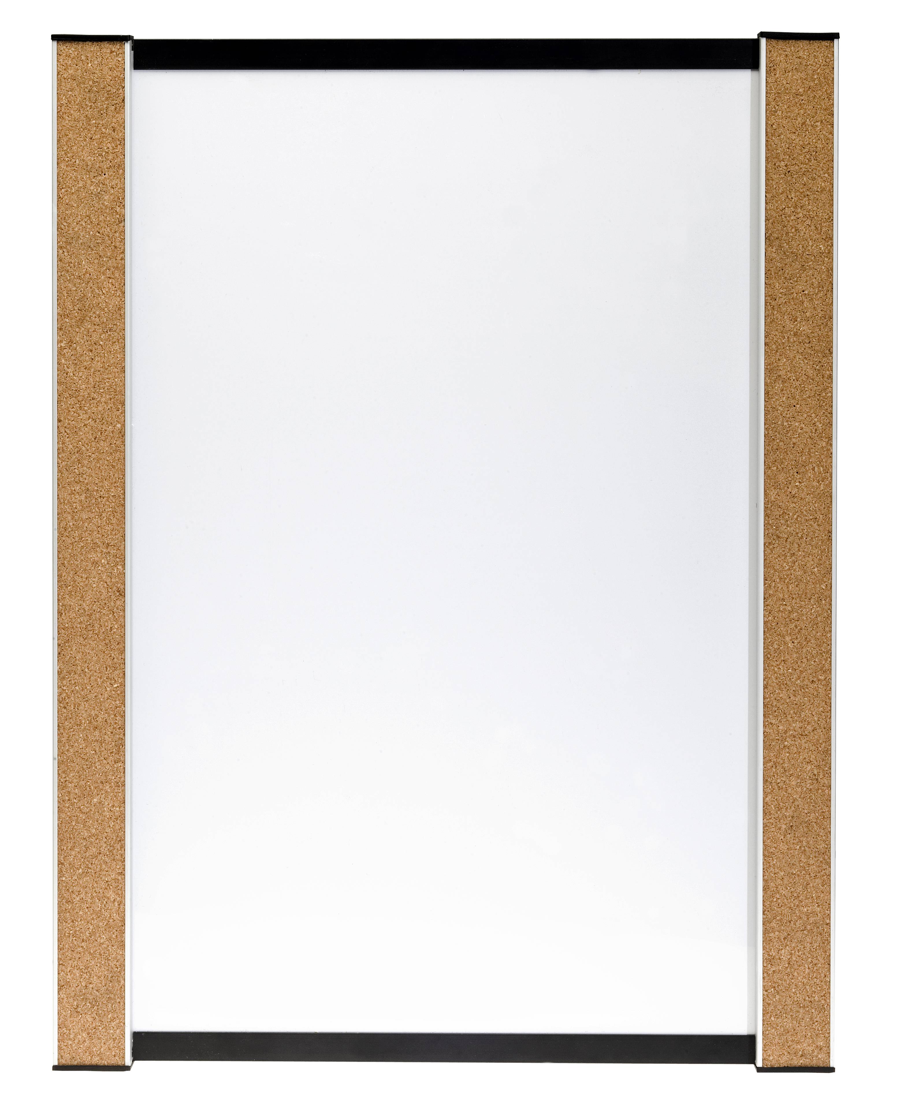 Leeres Whiteboard oder Pinnwand mit Korkflächenseiten und schwarzen Ober- und Unterschienen auf weißem Hintergrund