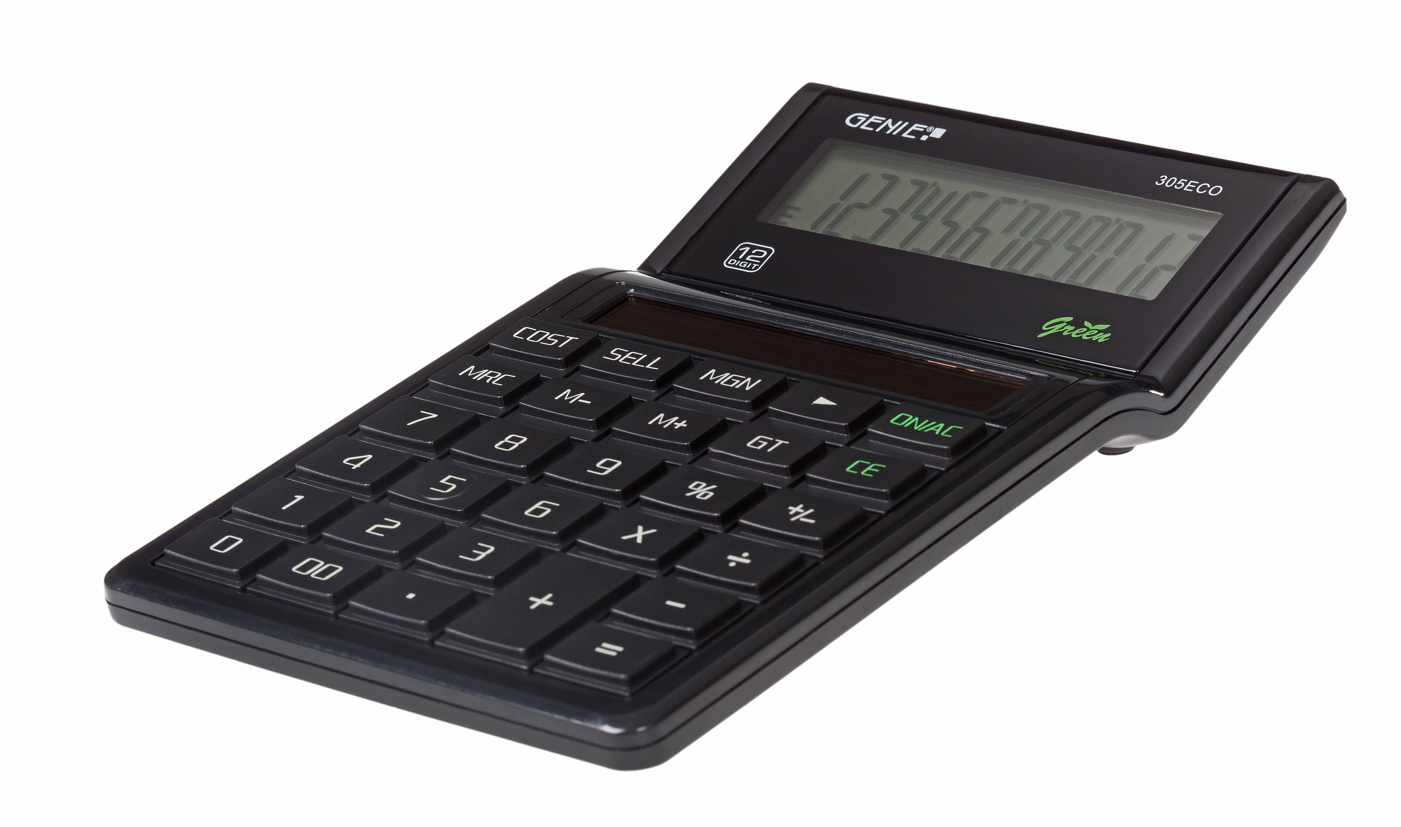 Schwarzer Solarrechner mit schräg angewinkeltem LCD-Display, das eine Zahl anzeigt, mit Standard-Zahlen- und Funktionstasten.