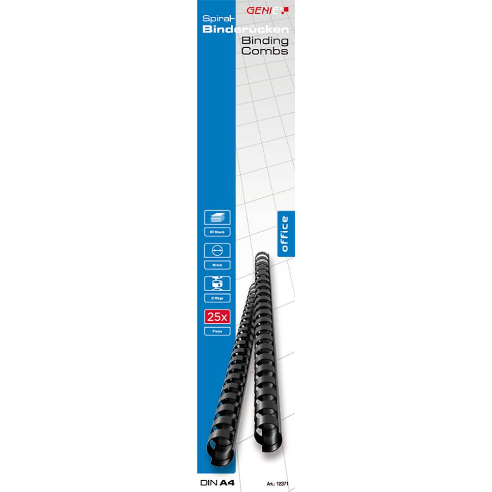 Paket mit schwarzen Spiralbindekämmen für die Büronutzung, dargestellt als '25x' und 'DIN A4' auf einer blau-weißen GENI-Box.